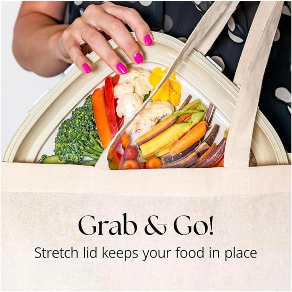 Crudités | Portable Snack Tray | Rectangle 2-Pack | Cream White | Reversible Stretch Lid Food Containers | BPA-Free, Freezer & Dishwasher Safe | Meal-Prep, Charcuterie, Salads, Picnic, Travel