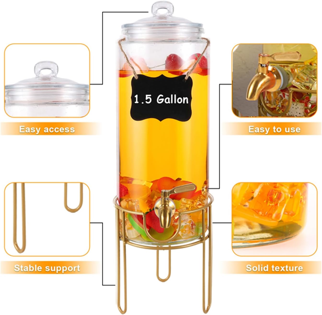 1.5 Gallon Drink dispenser, Glass Beverage Dispenser With Stand, Drink Dispensers for Parties With Stainless Steel Spigot + Marker & Chalkboard 100% Leakproof. Perfect For Parties And Daily Use
