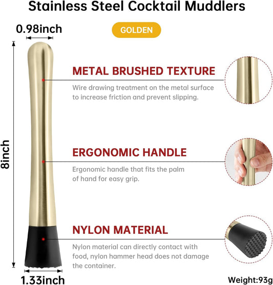 8 Inch Stainless Steel Cocktail Muddler and Mixing Spoon Home Bar Tool Set - Create Delicious Mojitos Old Fashioned/Mint Julep/Other Fruit Based Drinks (Gold)