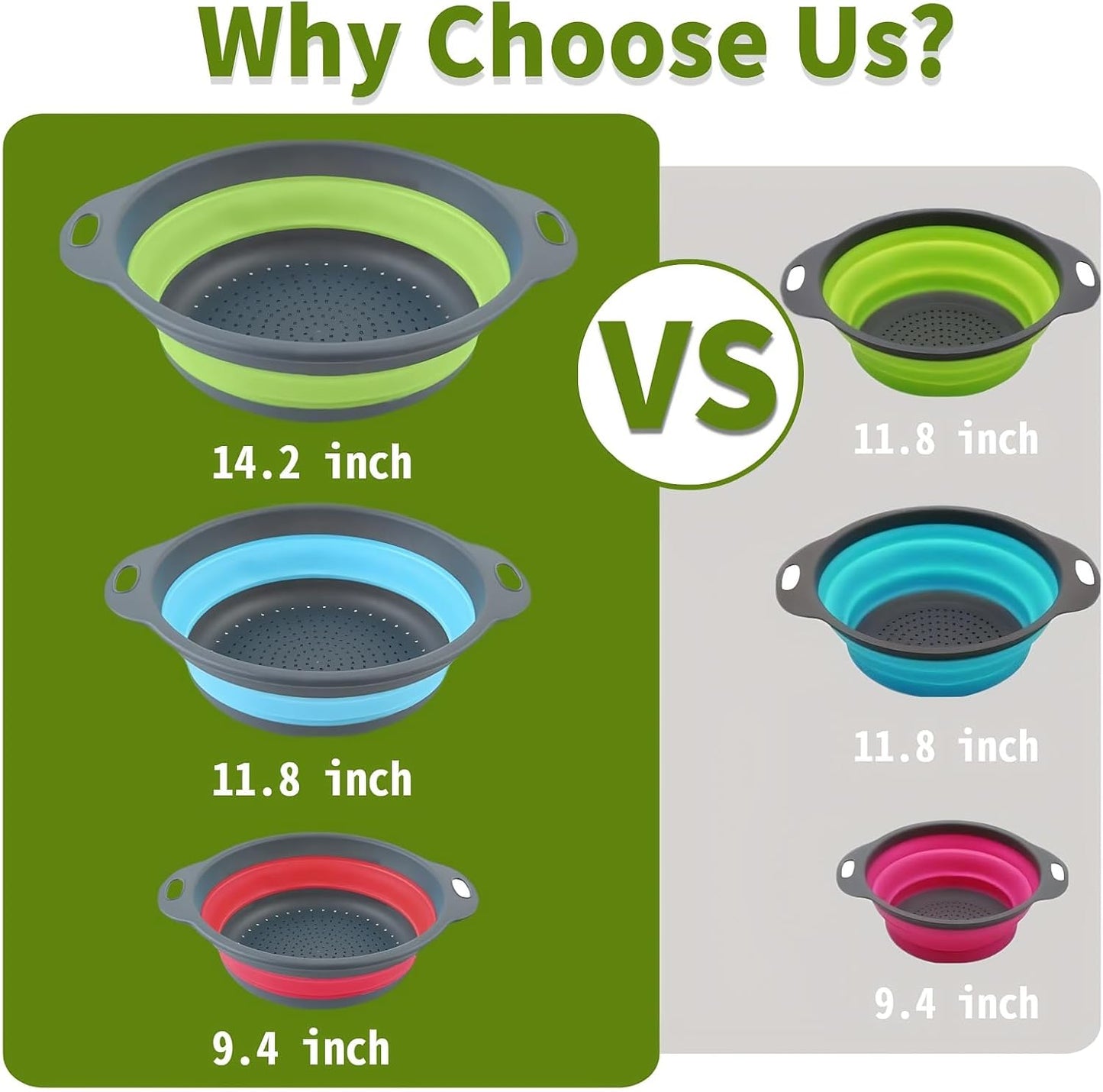 Collapsible Colander Set, 3 Pack Silicone Strainers for Kitchen-BPA Free Space Saving Design Dishwasher Safe Over Home Draining, Pasta Food Vegetables and Fruits