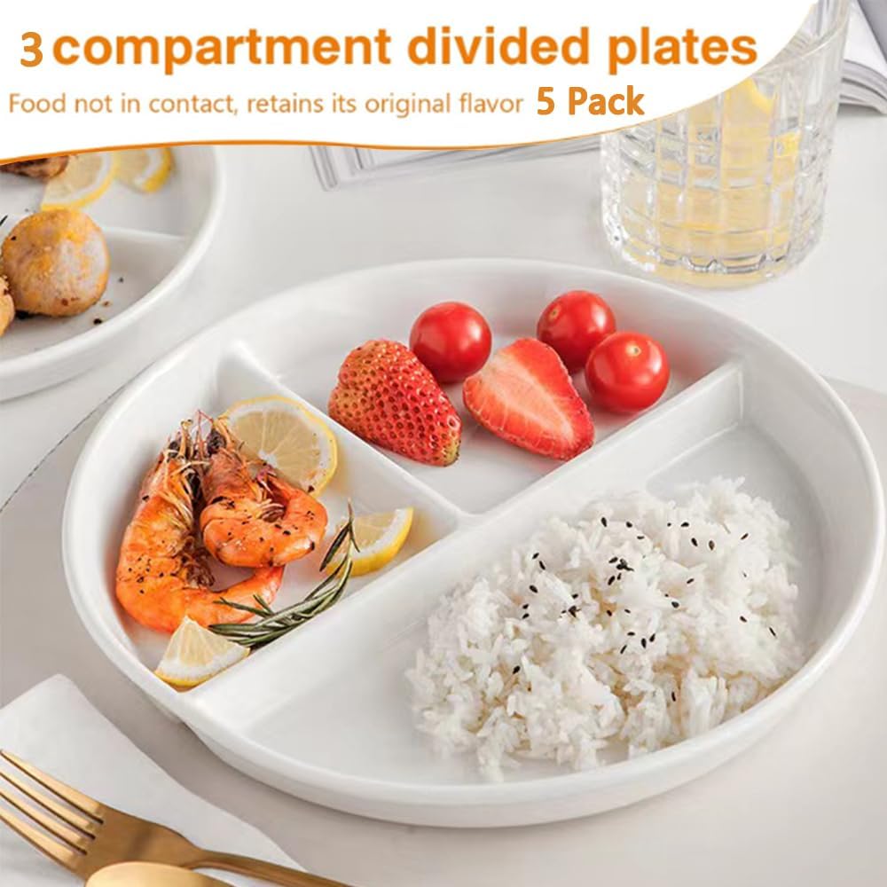 LRUUIDDE (5 Pack) Portion Control Plate for Balanced Eating, 9" Unbreakable Divided Plates,3 Compartment Plates, Reusable Plastic Plates, BPA Free for Adults