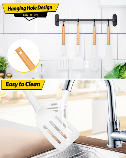 Pack of 4 Silicone Cooking Utensils Set, Non Stick Solid Spatulas and Heat Resistant Slotted Spoons with Wooden Handle, Ideal Wood Kitchen Utensils Set for Frying,Serving,Turning,Stirring (KHAKI)