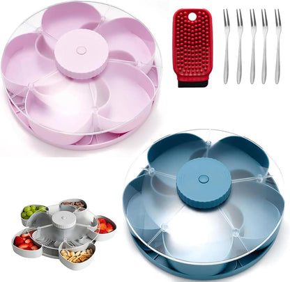 Divided Serving Tray That Spins – Perfect for Snacks, Dips & Party Appetizers, Portable Rounded Veggie Tray with Rotating Cover, Rotating Snack Box Container with Lid (Pink)