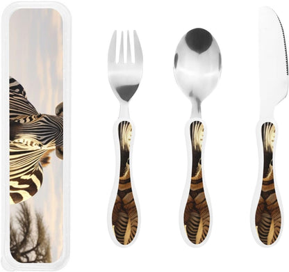 3-Piece Kids Silverware Set With Storage Case, Stainless Steel Reusable Children Safe Knife Spoon Fork Set African Animals Children Flatware Set For Kids Lunch Box