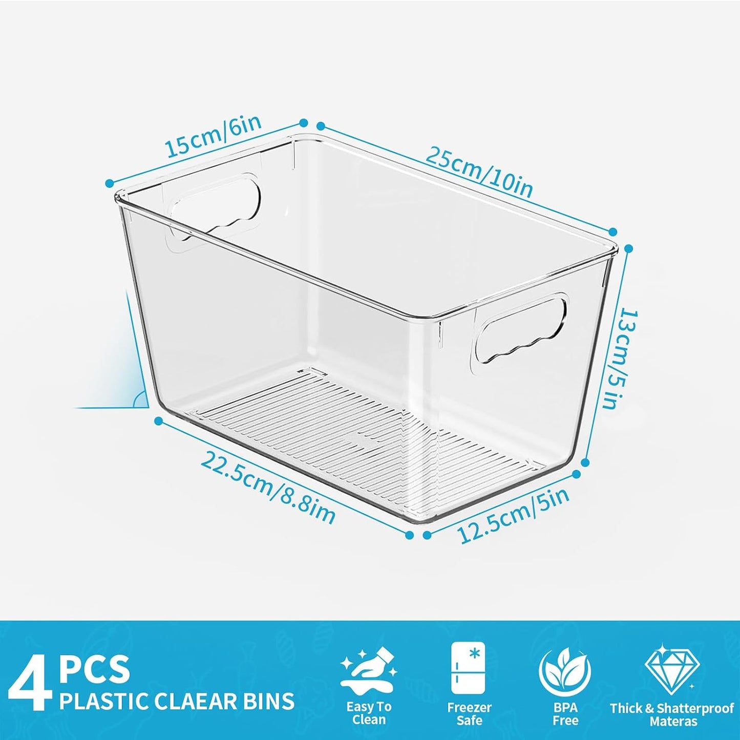 Clear Plastic Storage Bins, 4-Pack Stackable Pantry Organizers and Storage Containers for Kitchen, Fridge, Cabinet and Closet Organization - Home Essentials