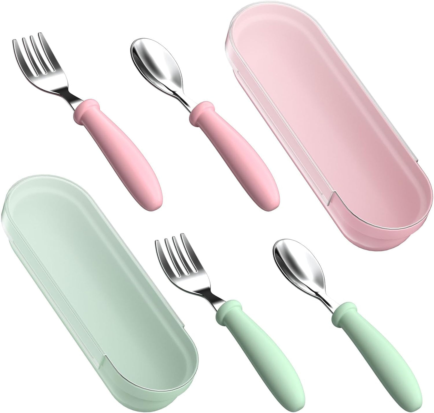 Toddler Utensils, Toddler Forks and Spoons, Baby Utensils Set with Storage Box for Self Feeding Safe, Dishwasher Safe (2 Set with Case)