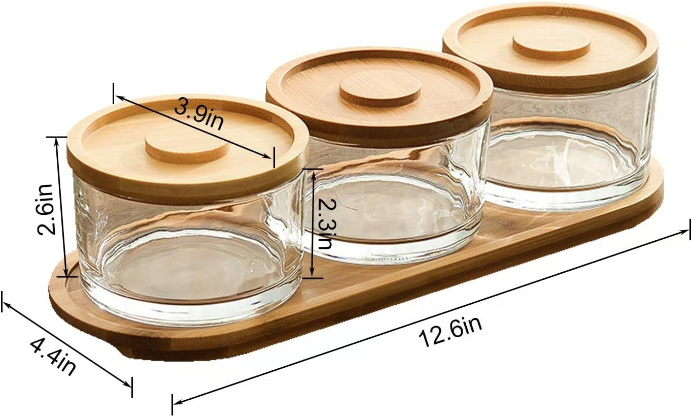 Chip and Dip Serving Set with Bamboo Tray, Snack Candy Fruit Nut Serving Platter, Small Glass Dipping Serving Bowls with Lids for Condiments, Side Dishes, Pre, Dessert, Salsa (3 Slots)