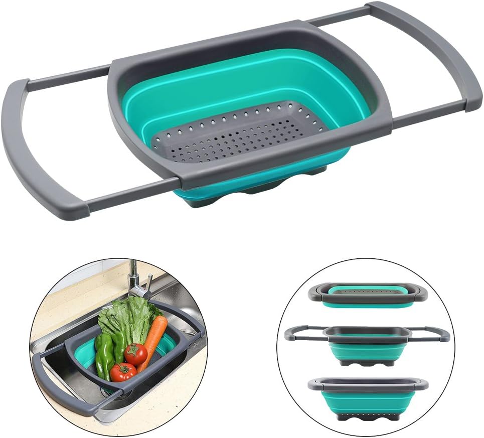 Qimh Colander Collapsible, Over The Sink Veggies/Fruit 6-Quart Strainers and Colanders with Extendable Handles, Folding Strainer for Kitchen