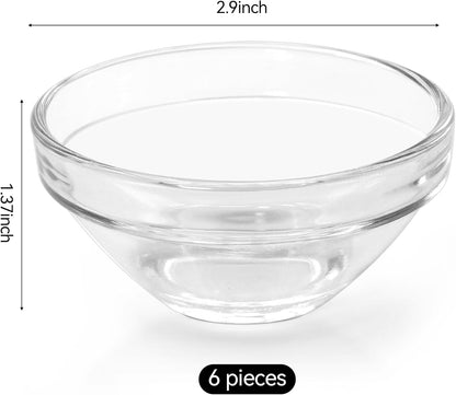 3" Clear Glass Pinch Bowls, 6 Pack 2.5oz Stackable Small Prep Dishes for Spices, Dipping Sauces, and Ice Cream Toppings - Dishwasher, Microwave, and Freezer Safe