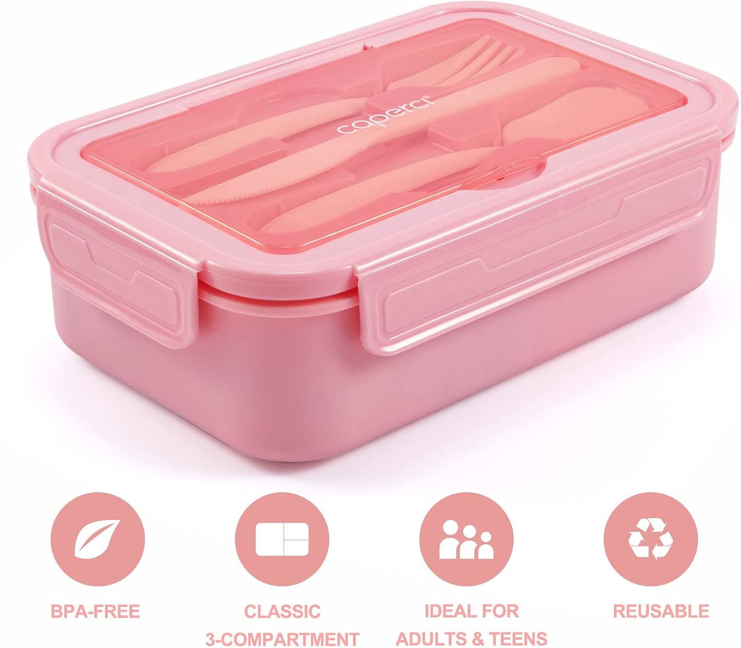 Caperci Classic Bento Box Adult Lunch Box for Older Kids - Leakpoof 47 oz 3-Compartment Lunch Containers for Adults and Teens, Built-in Utensil Set, Ideal for On-the-Go Balanced Eating,Khaki Green