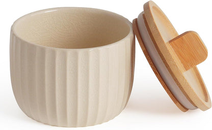 Salt Cellar Keeper with Bamboo Lid, 14oz Big Capacity Ceramic Sugar Bowls Pepper Box, Crackle Glaze Seasoning Container Condiment Pot for Kitchen (Blue Color)