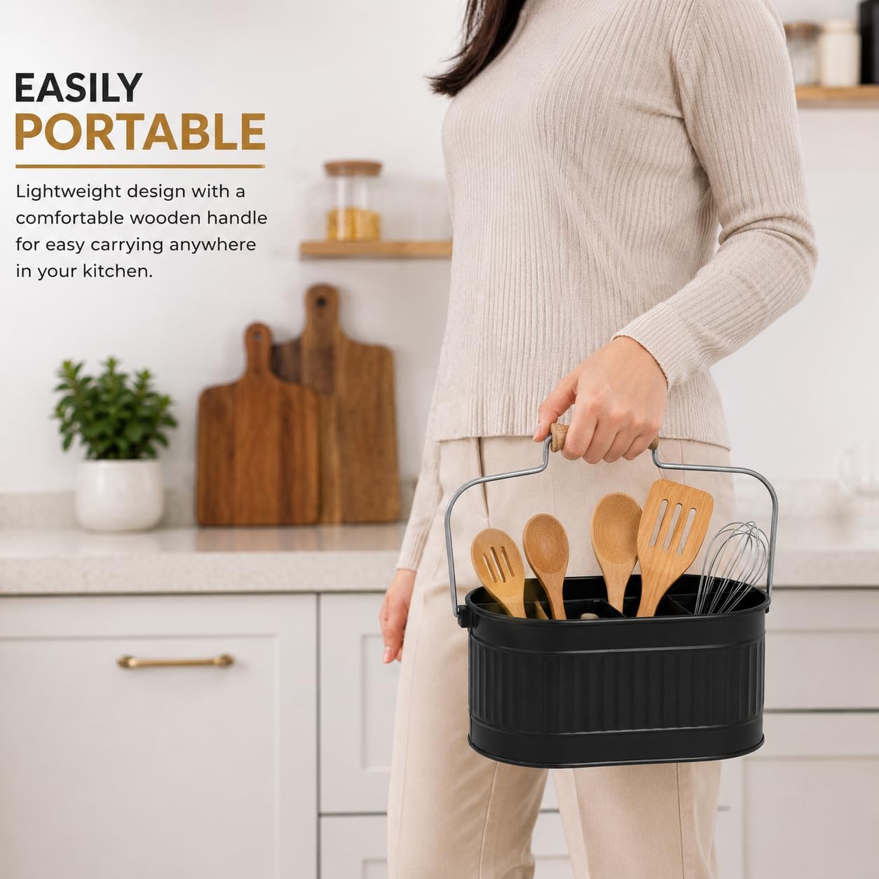 Alpha Living Home Galvanized Metal Utensil Caddy - Rustic Farmhouse Organizer Metal Garden Caddy with 4 Compartments and Wooden Handle for Kitchen, Buffet & Outdoor Events (Silver)