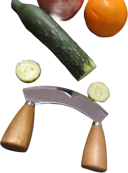 Salad Chopper With Round Wood Cutting Board - Mezzaluna Knife with Protective Cover and Anti-Slip Handle Stainless Steel Chopper Vegetable Cutter Onion Chopper Mincing Knife Pizza Cutter
