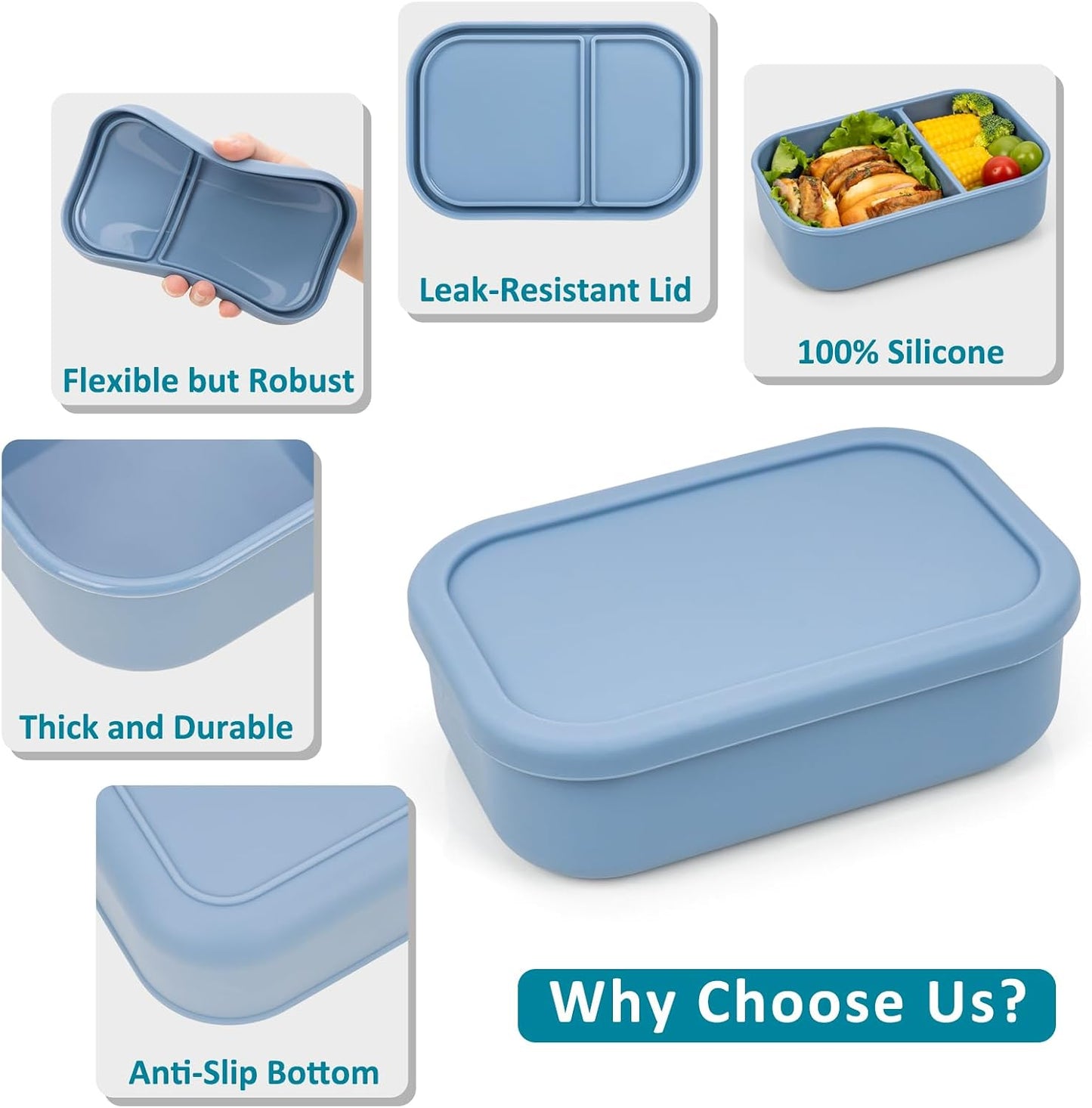 Silicone Bento Box Adult Lunch Container, 3 Compartment Container, Food Grade Silicone Bento Lunch Box for Work Travel Meal Prep, Leak-proof Food Storage Container（1 Pack Nile Blue）