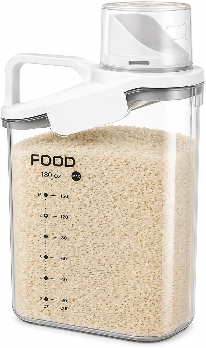 Airtight Rice Storage Container with Pour Spout & 2 Measuring Cup Lid, BPA-Free Food Storage Canister for Rice, Flour, Cereal, Grains & Pantry Organization