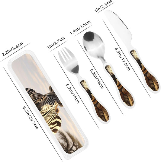 3-Piece Kids Silverware Set With Storage Case, Stainless Steel Reusable Children Safe Knife Spoon Fork Set African Animals Children Flatware Set For Kids Lunch Box