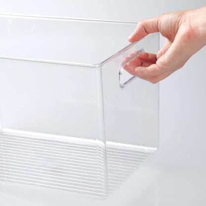 mDesign Deep Plastic Home Storage Organizer Bin with Built-in Handles for Cube Furniture Shelving in Office, Closet, Cabinet, Bedroom, Bathroom, Nursery, Dorm - 4 Pack - Clear