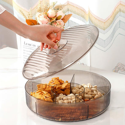 Divided Clear Snack Serving Tray with Lid, 6 Compartments Round Plastic Food Storage Organizer for Fruits, Nuts, Candies, Cookies, Stackable Snackle Box for Kitchen, Party and Picnic(Grey)