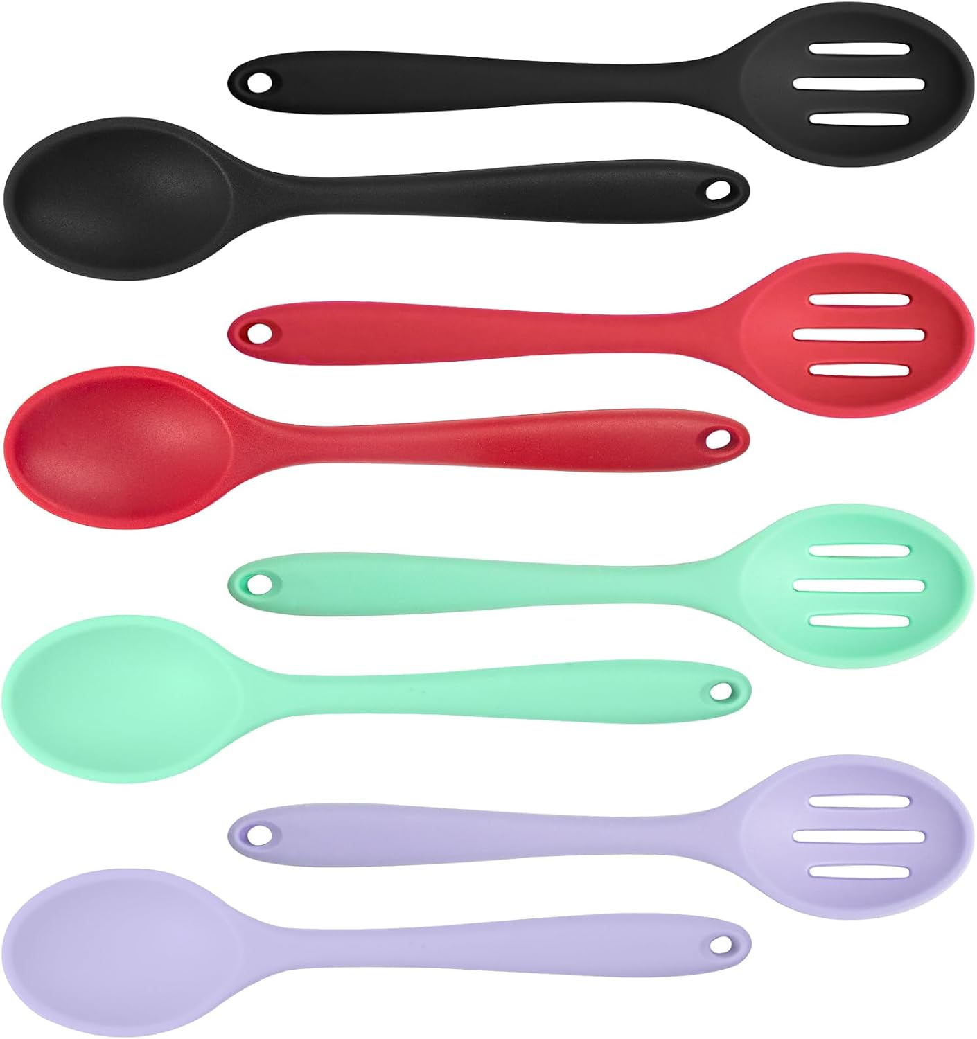 8 Pcs 8inch Heat Resistant Cooking Spoons for Nonstick Cookware Set -Ideal for Cooking, Baking, Mixing, Stirring Includes Slotted & Solid Spoons, Design for Nonstick Cookware (Black+Red+Green+Purple)