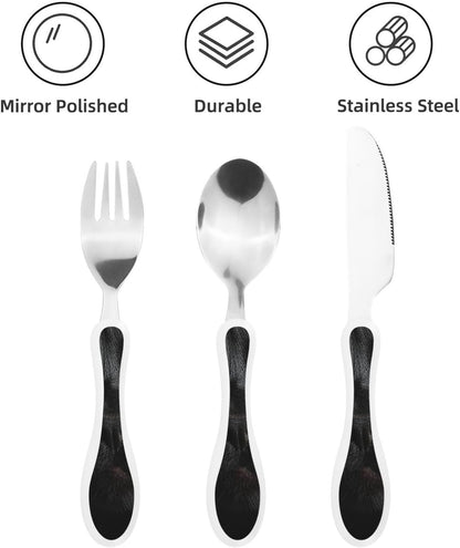 3-Piece Kids Silverware Set With Storage Case, Stainless Steel Reusable Children Safe Knife Spoon Fork Set Black And White Grid Children Flatware Set For Kids Lunch Box