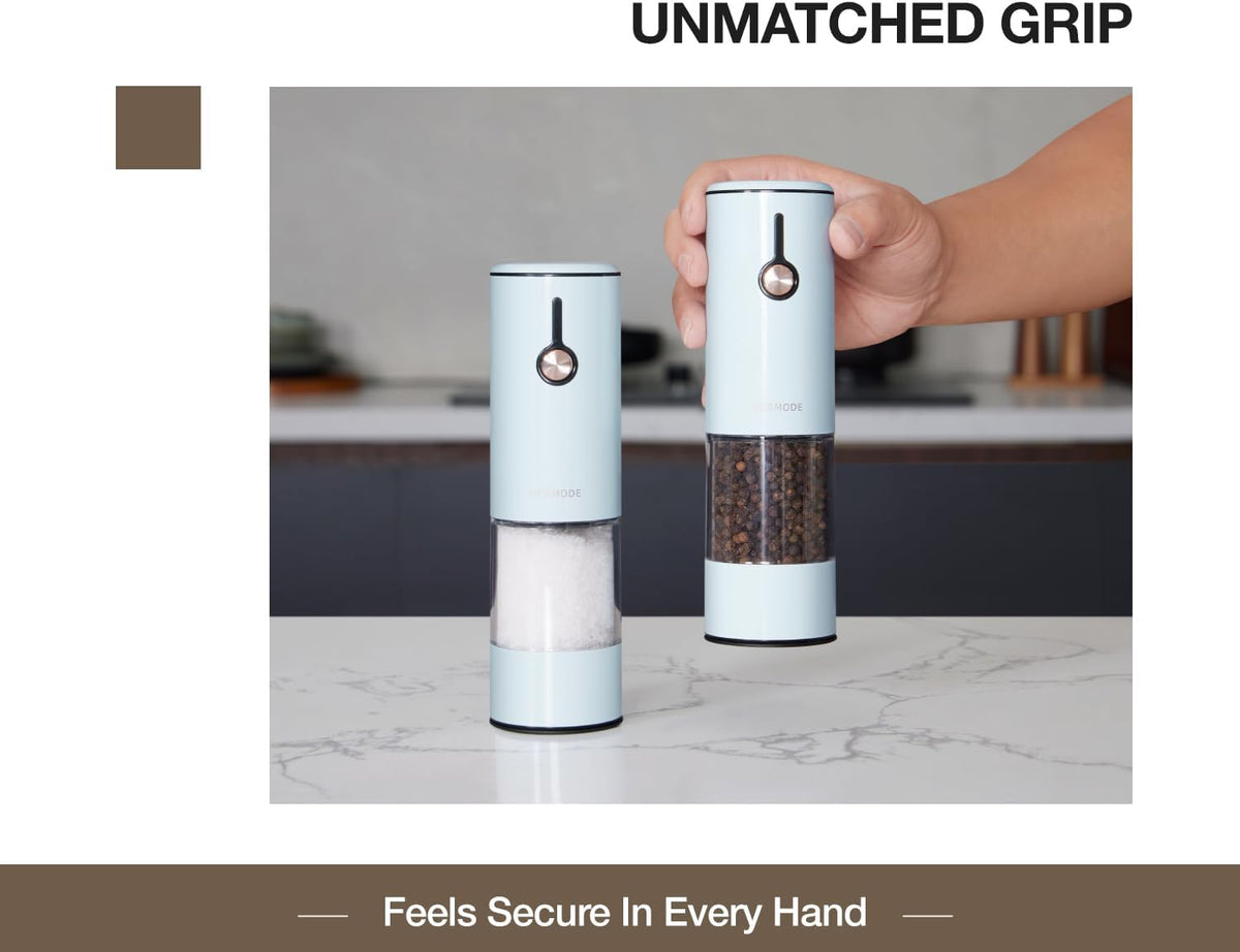 Stainless Steel Rechargeable Electric Salt and Pepper Grinder Set – USB Charging, One-Hand Electric Mill, Adjustable Coarseness, LED Light & Dust Cover –2pack(Greige & Buttercream)