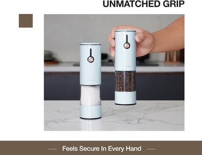 Stainless Steel Rechargeable Electric Salt and Pepper Grinder Set – USB Charging, One-Hand Electric Mill, Adjustable Coarseness, LED Light & Dust Cover –2pack(Greige & Buttercream)