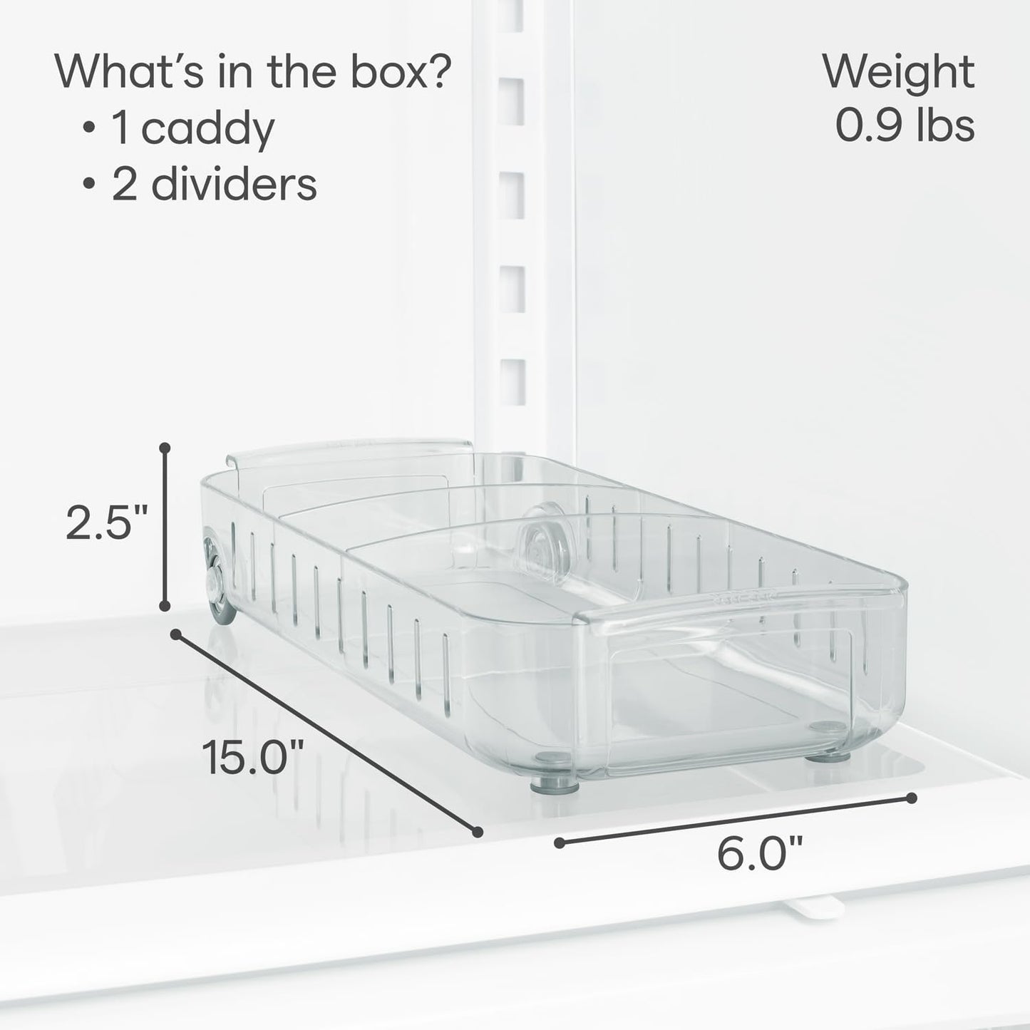 YouCopia RollOut Fridge Caddy BPA-Free Clear Rolling Refrigerator Organizer Bin with Adjustable Dividers and Handles, 9" Wide