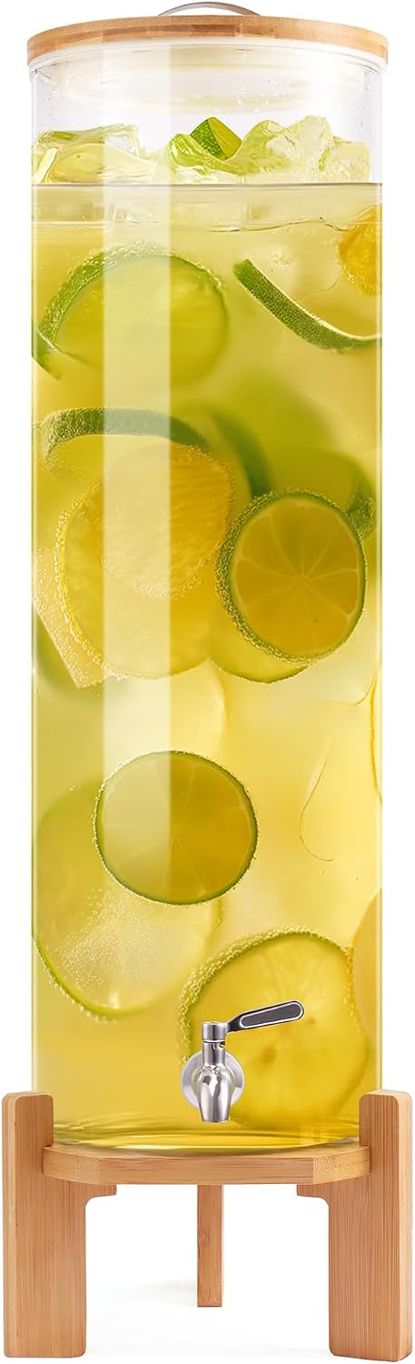 Glass Beverage Dispenser with Stand, 1.5 Gallons Glass Drink Dispenser-Beverage Dispenser with Wood Stand, Stainless Steel Spigot for Parties,Bars,Restaurants