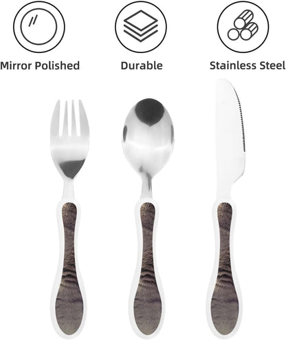Stainless Steel Kids Silverware Set, Gray Cat In Flower Field Utensil Set Reusable Children Safe Knife Spoon Fork Set With Storage Case Dishwasher Safe For Lunch, Travel Outdoors