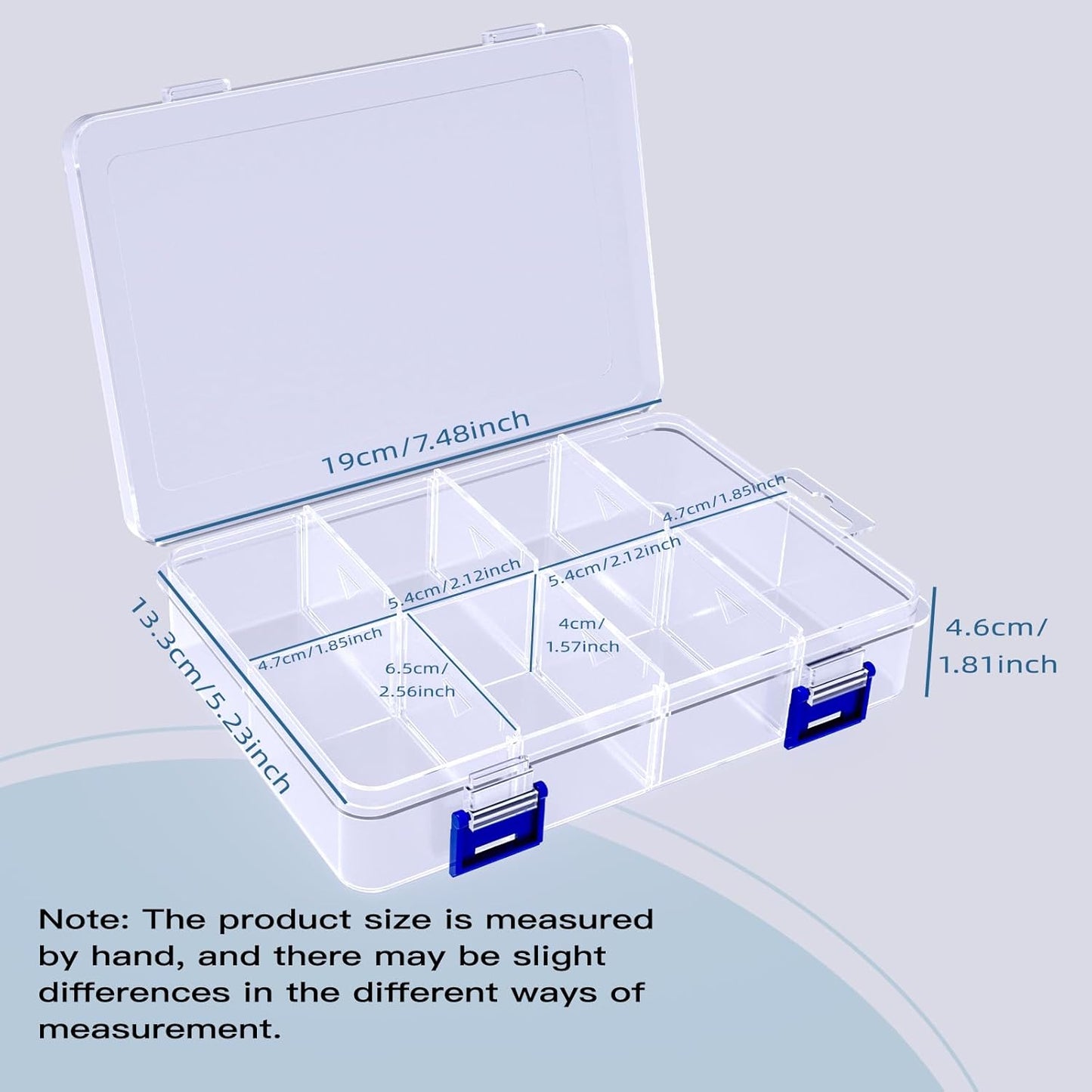2 Pcs 8 Grids Clear Plastic Storage Box with Adjustable Dividers, Stackable 8 Compartments Small Organiser Box Container for Accessories Beads Jewelry Earring Tool, 7.48×5.23×1.8 Inches