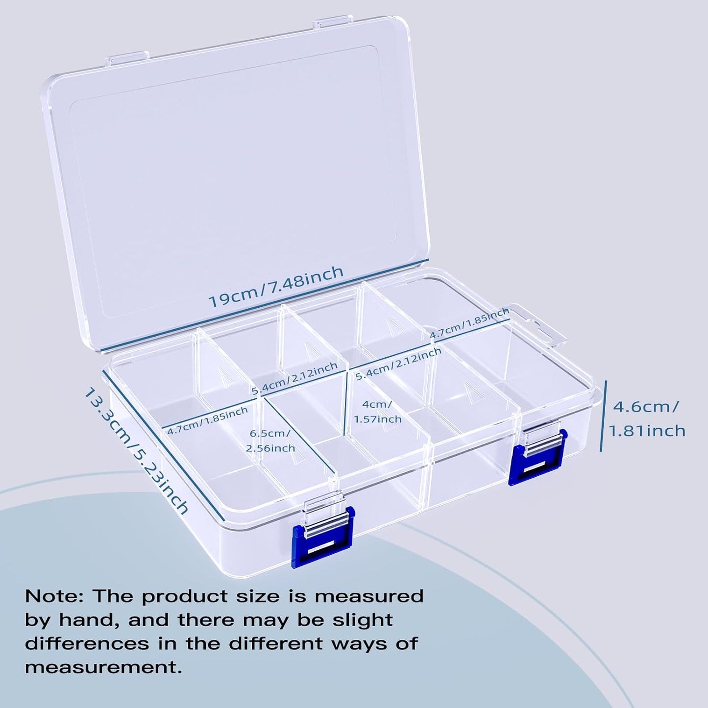 2 Pcs 8 Grids Clear Plastic Storage Box with Adjustable Dividers, Stackable 8 Compartments Small Organiser Box Container for Accessories Beads Jewelry Earring Tool, 7.48×5.23×1.8 Inches