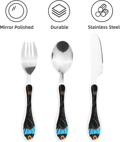 3-Piece Kids Silverware Set With Storage Case, Stainless Steel Reusable Children Safe Knife Spoon Fork Set Butterfly On Beautiful Flower Children Flatware Set For Kids Lunch Box