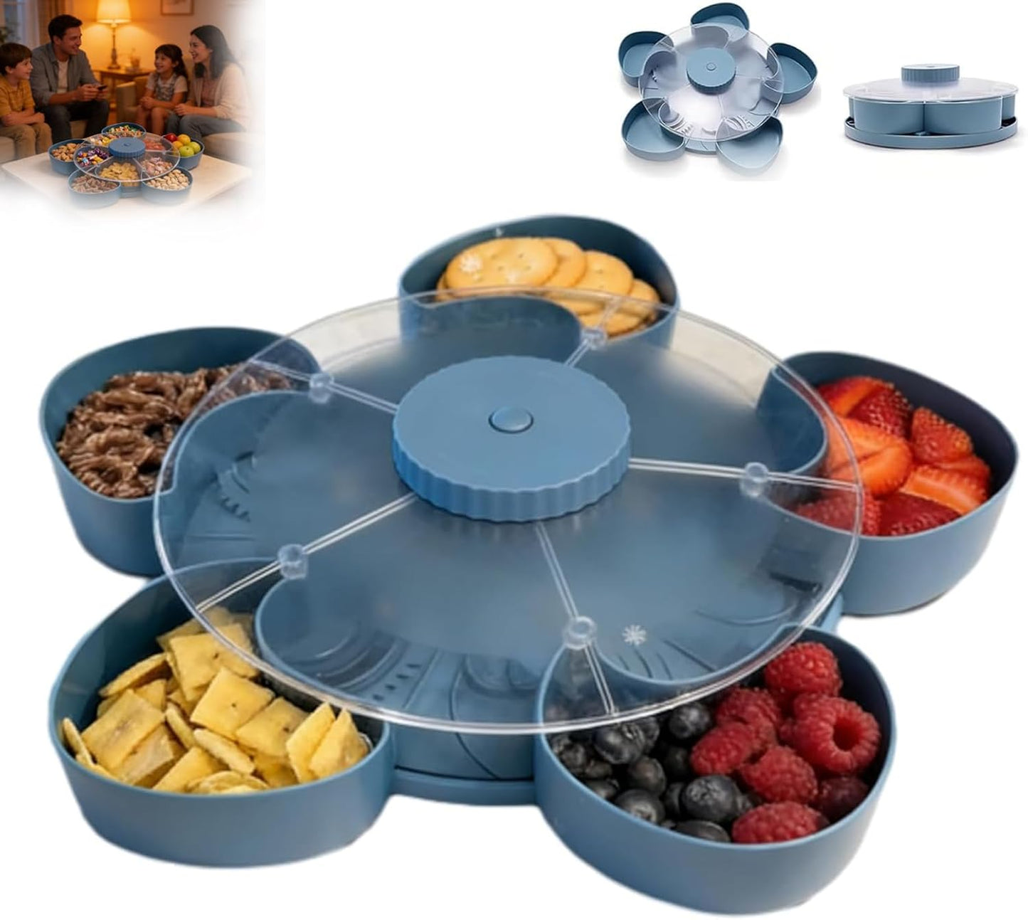 Spinning Divided Serving Tray that Spins, Swivel Spinning Rotating Snack Tray, Divided Spin and Snack Trays, Spin-to-Open Multi-Compartment Food Organizer Snack Box Spinner (1)