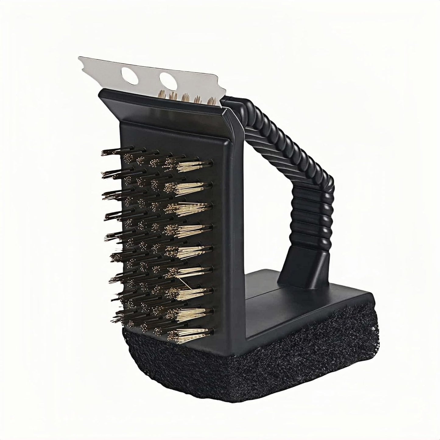 3-in-1 Heavy Duty Grill Brush with Copper Bristles, Stainless Scraper & Sponge - Angled Triangle BBQ Cleaner Tool, Non-Slip Grip for Grill Grate (Black)