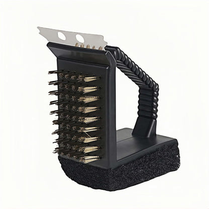 3-in-1 Heavy Duty Grill Brush with Copper Bristles, Stainless Scraper & Sponge - Angled Triangle BBQ Cleaner Tool, Non-Slip Grip for Grill Grate (Black)