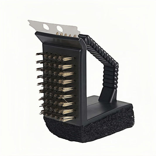 3-in-1 Heavy Duty Grill Brush with Copper Bristles, Stainless Scraper & Sponge - Angled Triangle BBQ Cleaner Tool, Non-Slip Grip for Grill Grate (Black)