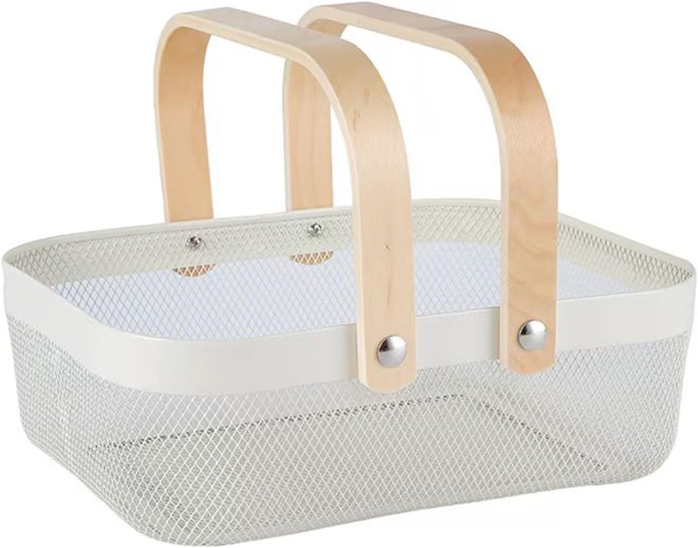 AJIODA Metal Mesh Steel Basket, Storage Organizer Basket Garden Harvest Basket Multi-functional Kitchen Fruit Baskets Bin with Wooden Handle for Bathroom Picnic Shopping Decor Cabinet Home, Pink
