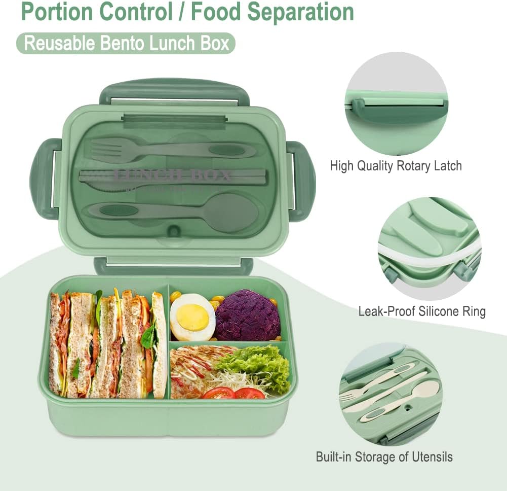 NatraProw Bento Box for Adult, 1200 ML Lunch Containers, LeakProof Lunch Box with Utensils, BPA Free, 3 Compartment Bento Box Microwave Safe, Khaki