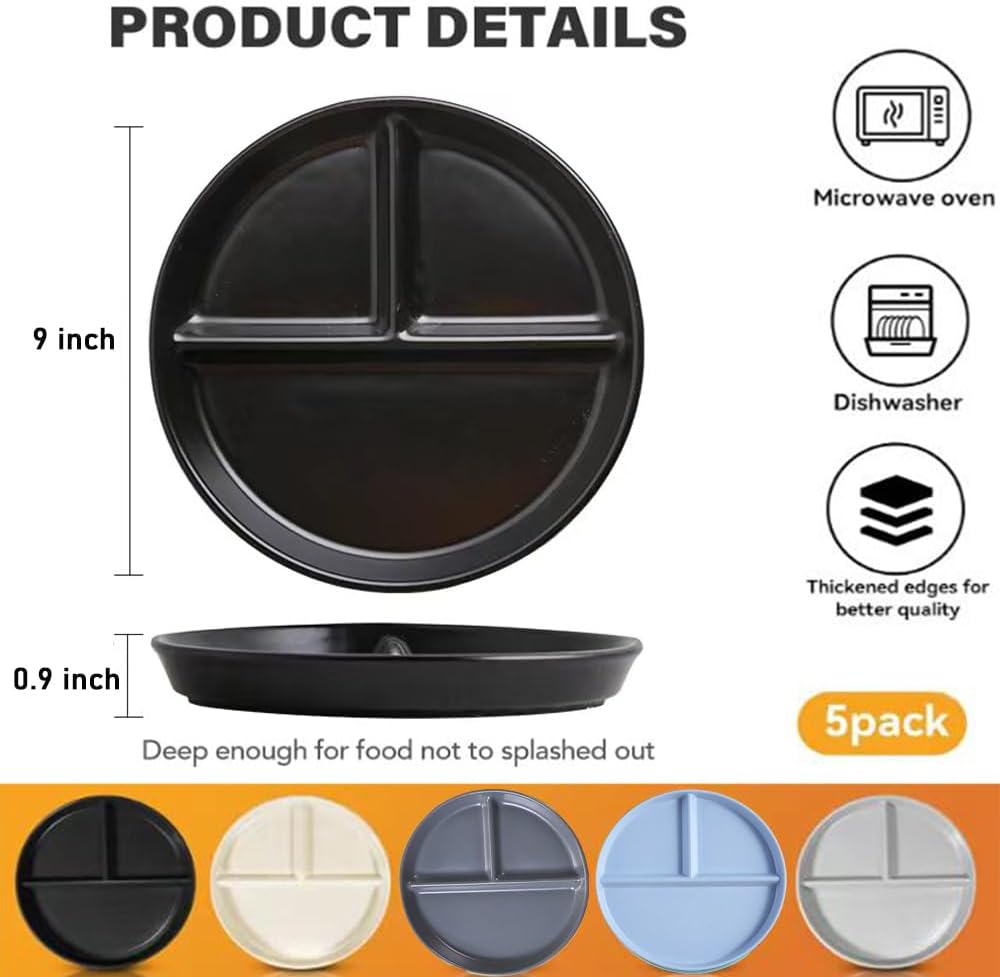LRUUIDDE (5 Pack) Portion Control Plate for Balanced Eating, 9" Unbreakable Divided Plates,3 Compartment Plates, Reusable Plastic Plates, BPA Free for Adults