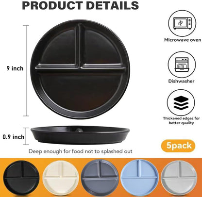 LRUUIDDE (5 Pack) Portion Control Plate for Balanced Eating, 9" Unbreakable Divided Plates,3 Compartment Plates, Reusable Plastic Plates, BPA Free for Adults