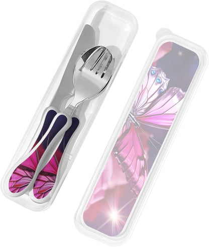 3-Piece Kids Silverware Set With Storage Case, Stainless Steel Reusable Children Safe Knife Spoon Fork Set Blue Active Girl Running Sunset Children Flatware Set For Kids Lunch Box - Colors A