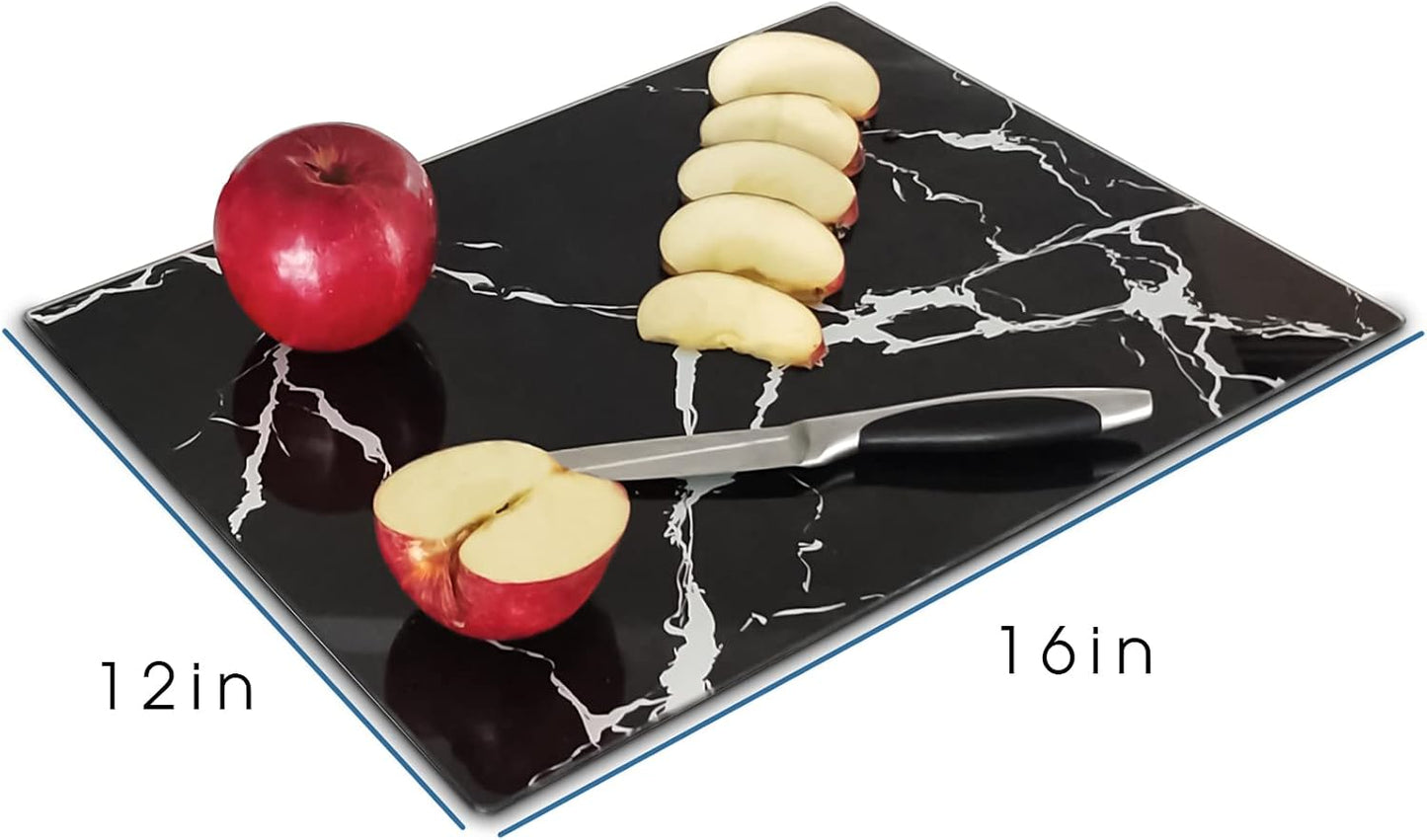 VASUHOME Tempered Glass Cutting Board Set of 2-16x12 inch Marble Pattern Cutting Board for Kitchen Counter - Scratch, Heat, Shatter Resistant and Easy to Clean- Black and Clear