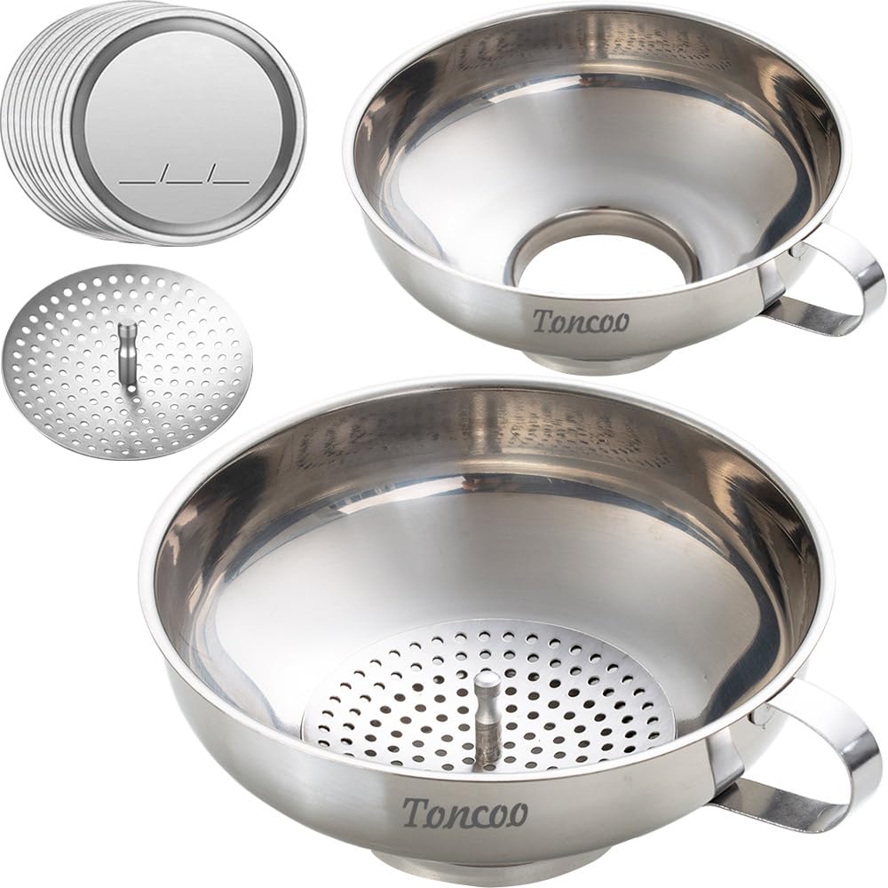 2pcs Canning Funnels for Filling Mason Jars with Strainer, Food Grade Stainless Steel Funnels for Kitchen Use, Metal Wide Mouth Funnel for Mason Jar