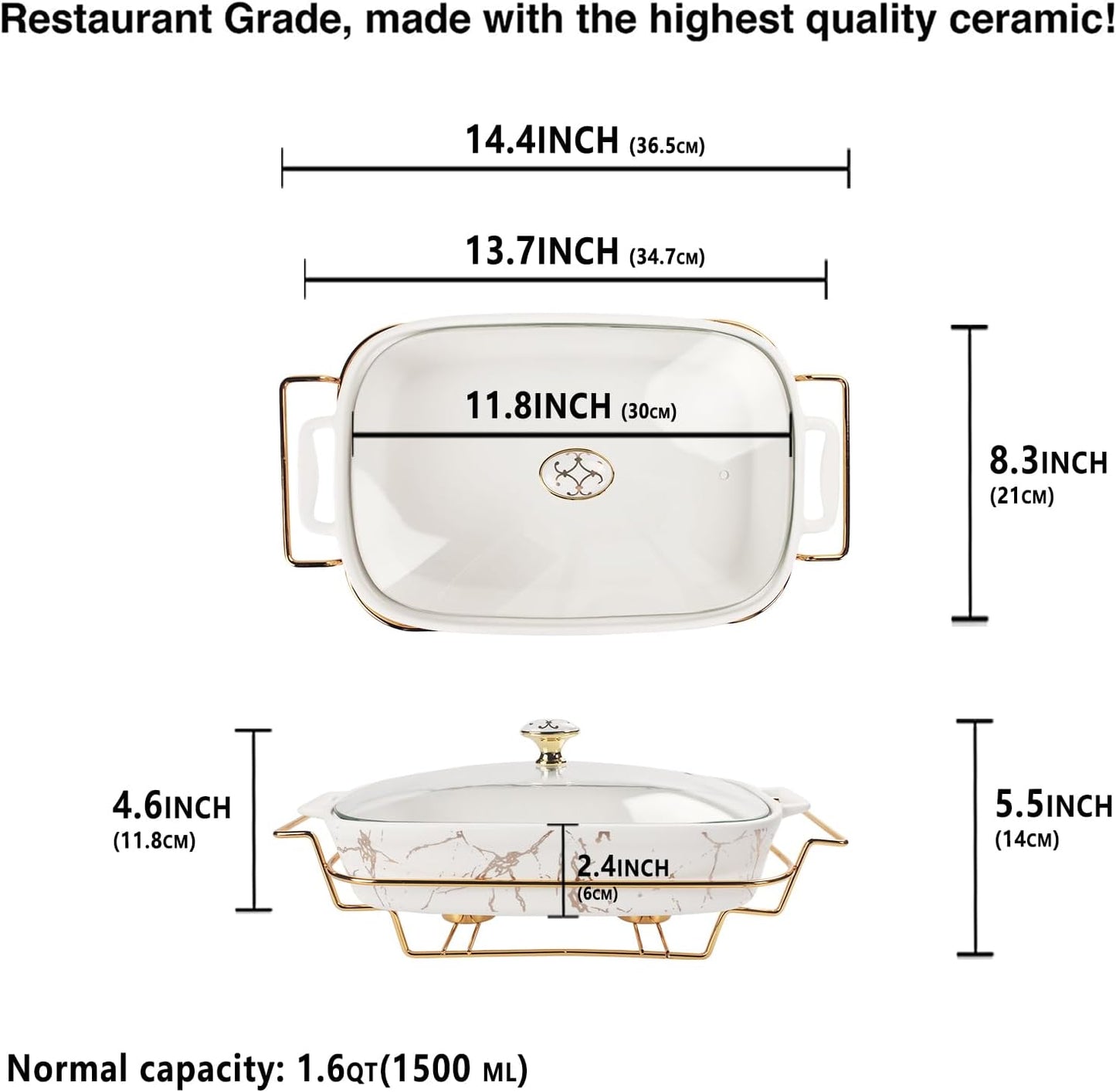 13" x 9" Ceramic Casserole Dish with Glass Lid and rack, 2.2 Quart Serving Soup Tureen,Chafing Dish for Buffet, Family Food preserve Tray, Catering Casserole for Party Style