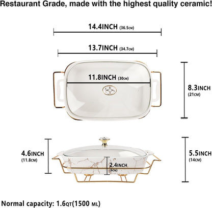 13" x 9" Ceramic Casserole Dish with Glass Lid and rack, 2.2 Quart Serving Soup Tureen,Chafing Dish for Buffet, Family Food preserve Tray, Catering Casserole for Party Style