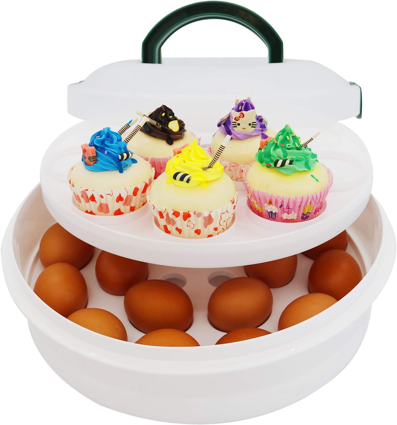 10 Inch Portable Pie Carrier with Lid and Tray 3-In-1 Round Cupcake Container Egg Holder Muffin Tart Cookie Keeper Food (Green)