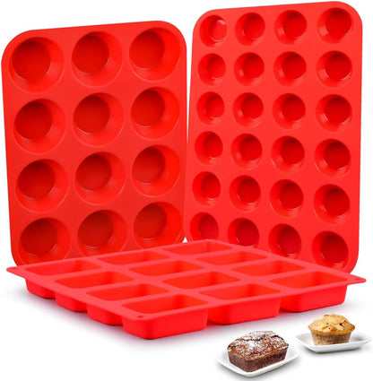 CAKETIME Silicone Muffin Pan - Cupcake Pan, Mini Loaf Pan Silicone Baking Molds Food Grade 3-Pack