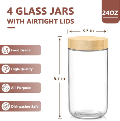 DRKIO 10 Oz Overnight Oats Containers with Bamboo Lids - 4 Pack Glass Storage Jars with Airtight Lids Wide Mouth Mason Food Jars Great for Meal Prep Salad Chia Pudding Snacks Yogurt Sugar Spice