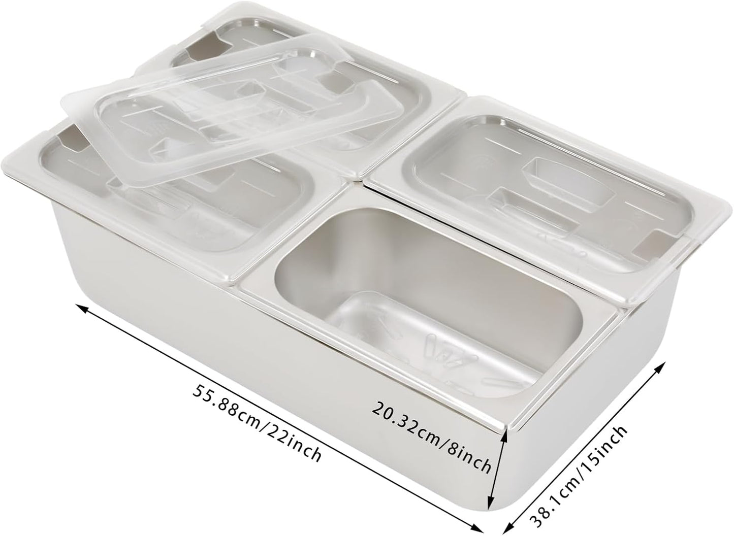 3/4/6 Compartment Stainless Steel Fruit Serving Set with Removable Acrylic Lids, Drainage Mats - Commercial Food Storage Containers for Buffet, Restaurant (3-Pan)