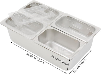3/4/6 Compartment Stainless Steel Fruit Serving Set with Removable Acrylic Lids, Drainage Mats - Commercial Food Storage Containers for Buffet, Restaurant (3-Pan)